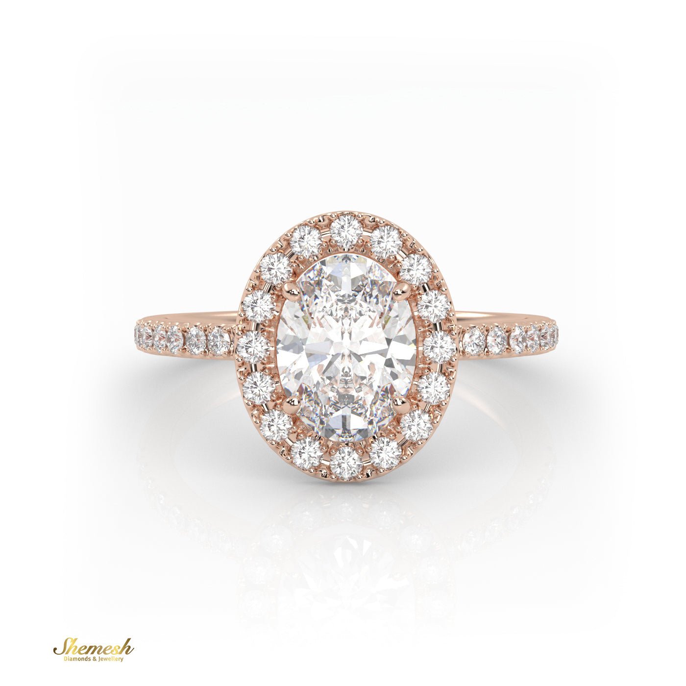 18K Gold 4 Prongs Oval Cut Diamond Halo Engagement Ring With Pave Set Band - shemesh_diamonds