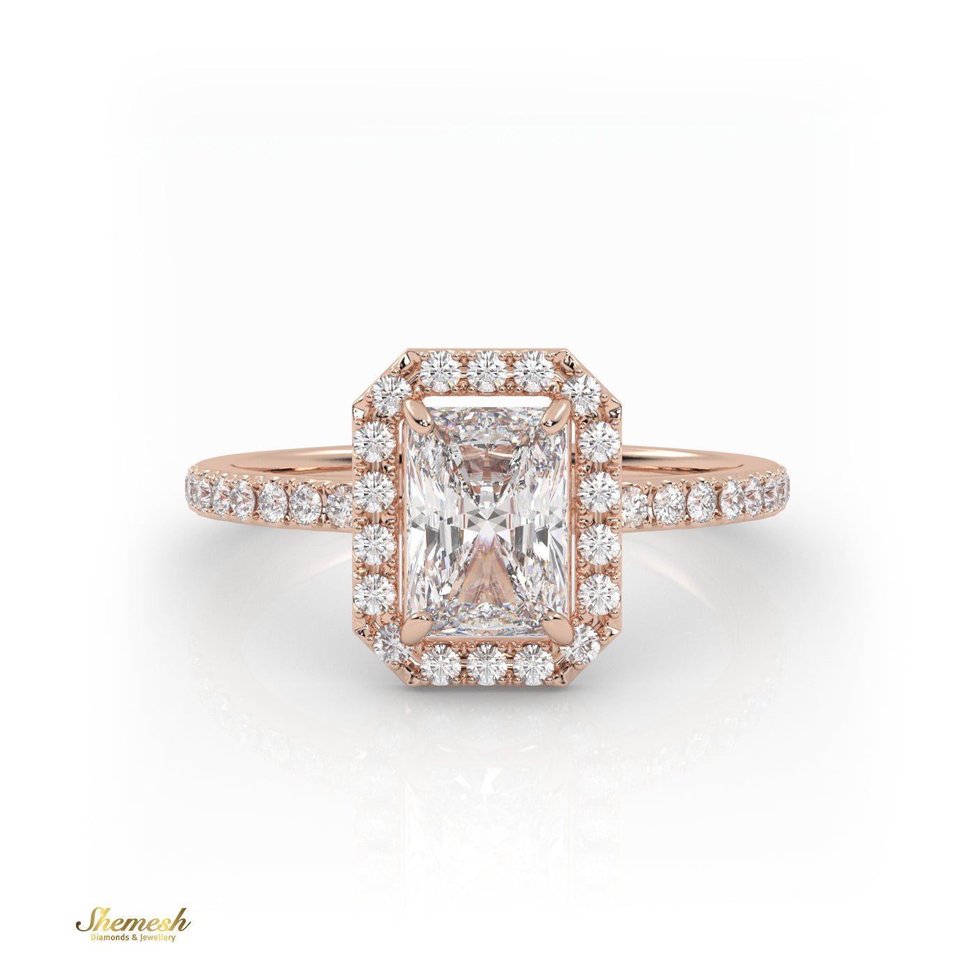 18K Gold Radiant Diamond with Pave Band & Halo Ring - shemesh_diamonds