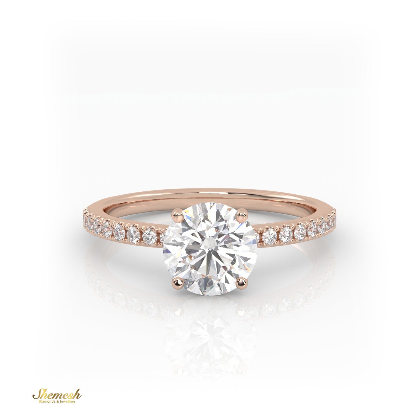 18K Gold 4 Prongs Round Diamond Solitaire Engagement Ring with Pave Set Band - shemesh_diamonds