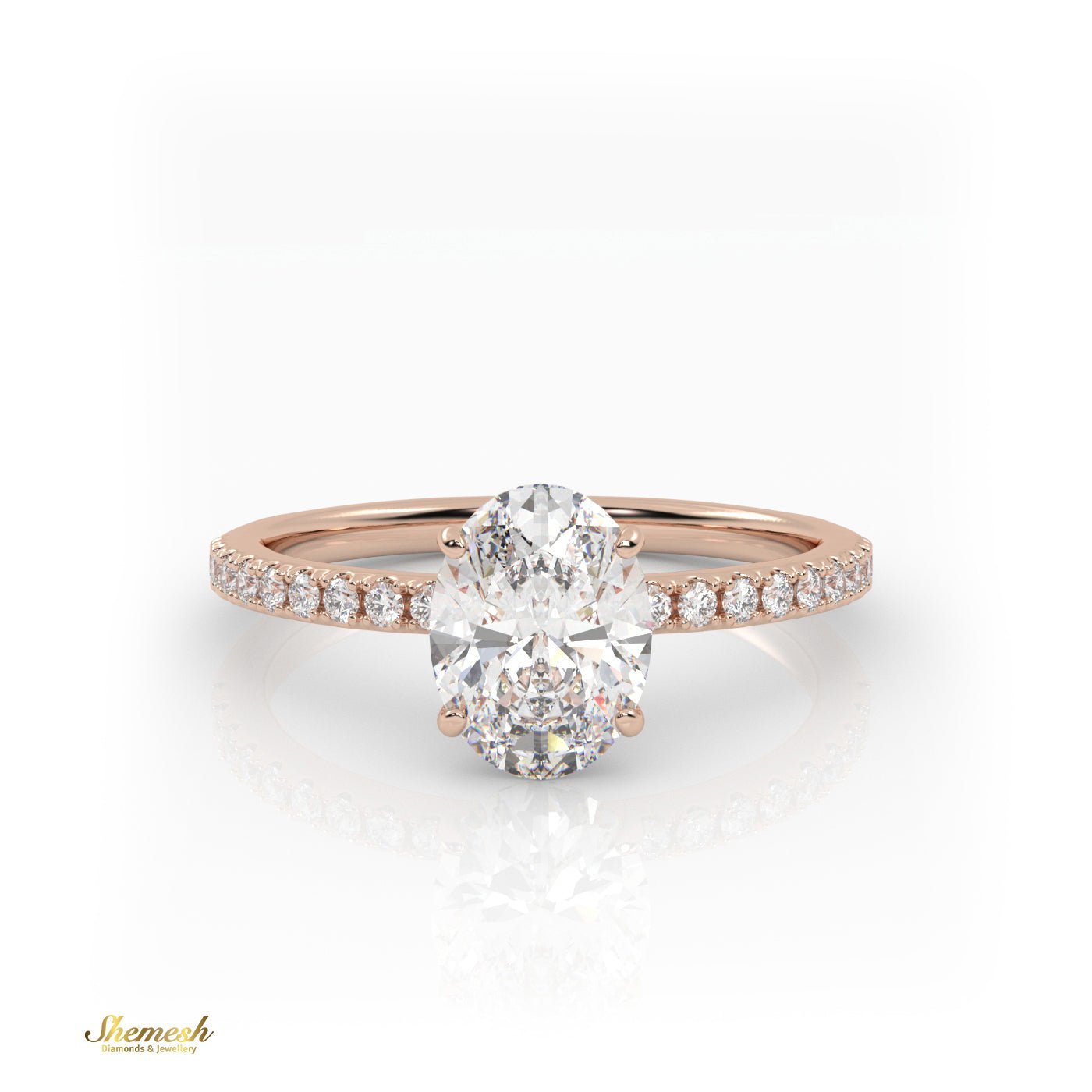 18K Gold Oval Cut 4 Prongs Diamond Engagement Ring With Pave Set Band - shemesh_diamonds