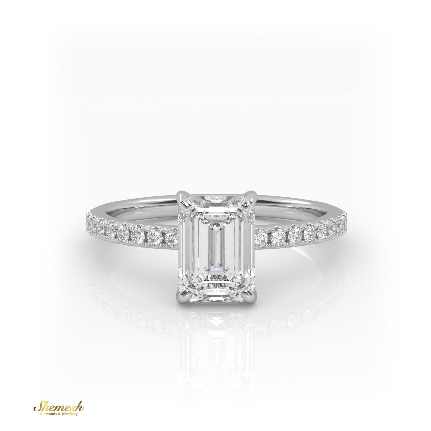 18K Gold 4 Prongs Emerald Cut Diamond Engagement Ring With Whisper Thin Pave Set Band - shemesh_diamonds