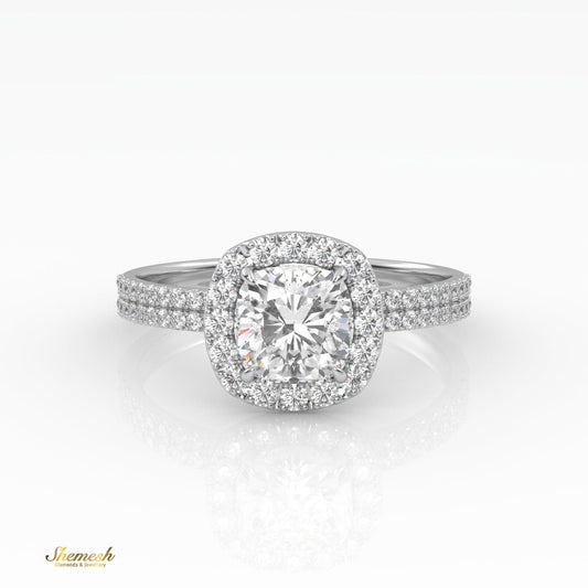 18K Gold 4 Prongs Cushion Cut Diamond Halo Style Engagement Ring with Double Pave Set Band - shemesh_diamonds