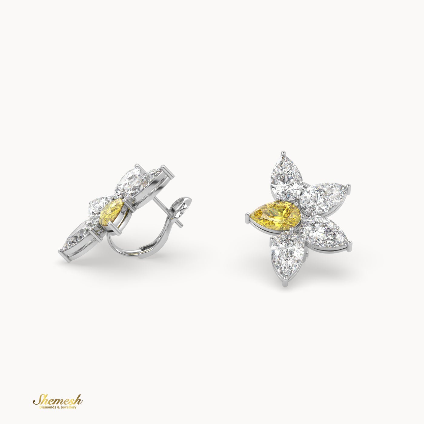 18K Gold Flower Diamond Earrings with Yellow and White Pear Cut Diamonds - shemesh_diamonds