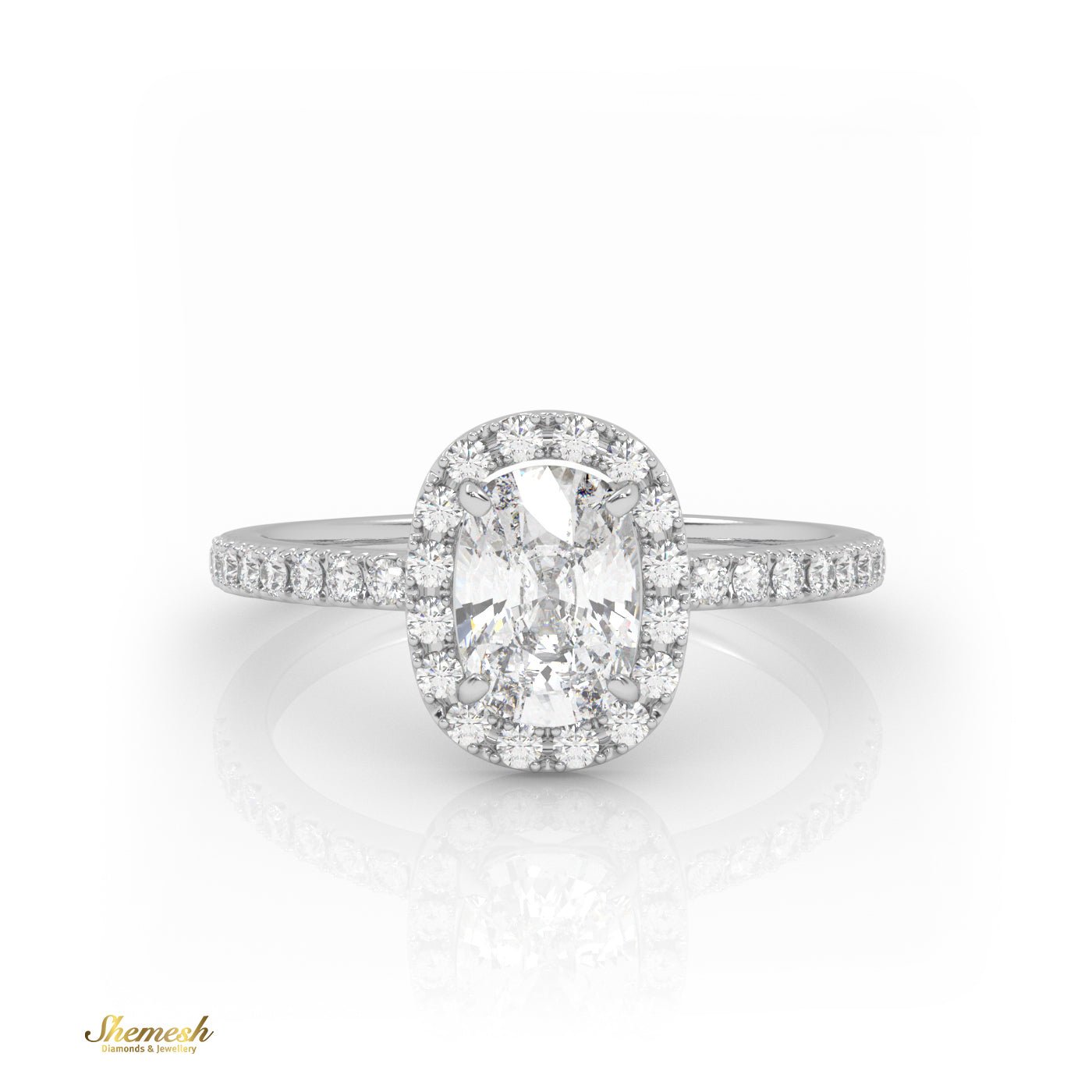 18K Gold 4 Prongs Elongated Cushion Solitaire Engagement Ring with Pave Band and Halo - shemesh_diamonds