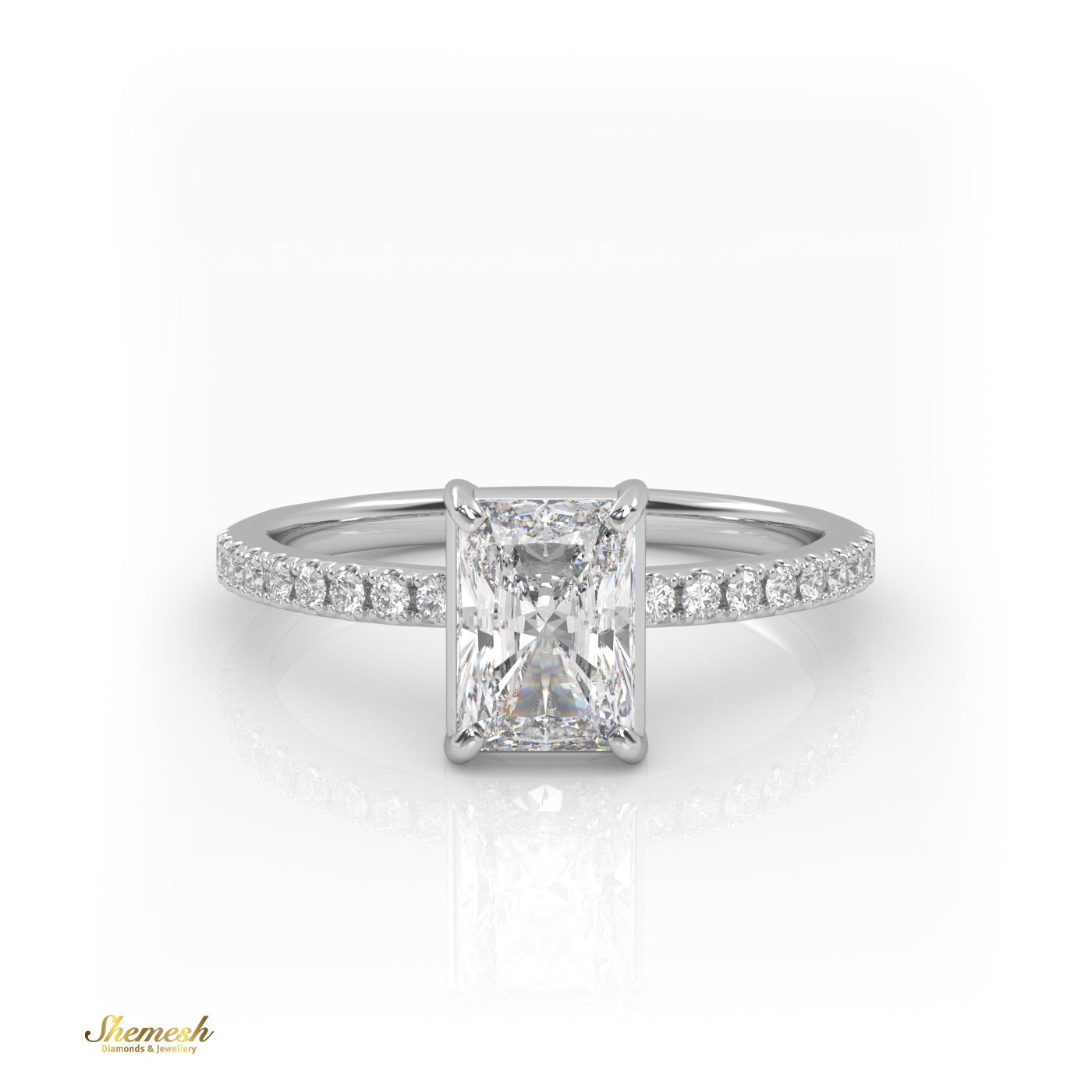 18K Gold Solitaire Radiant Diamond with Pave Band Ring - shemesh_diamonds