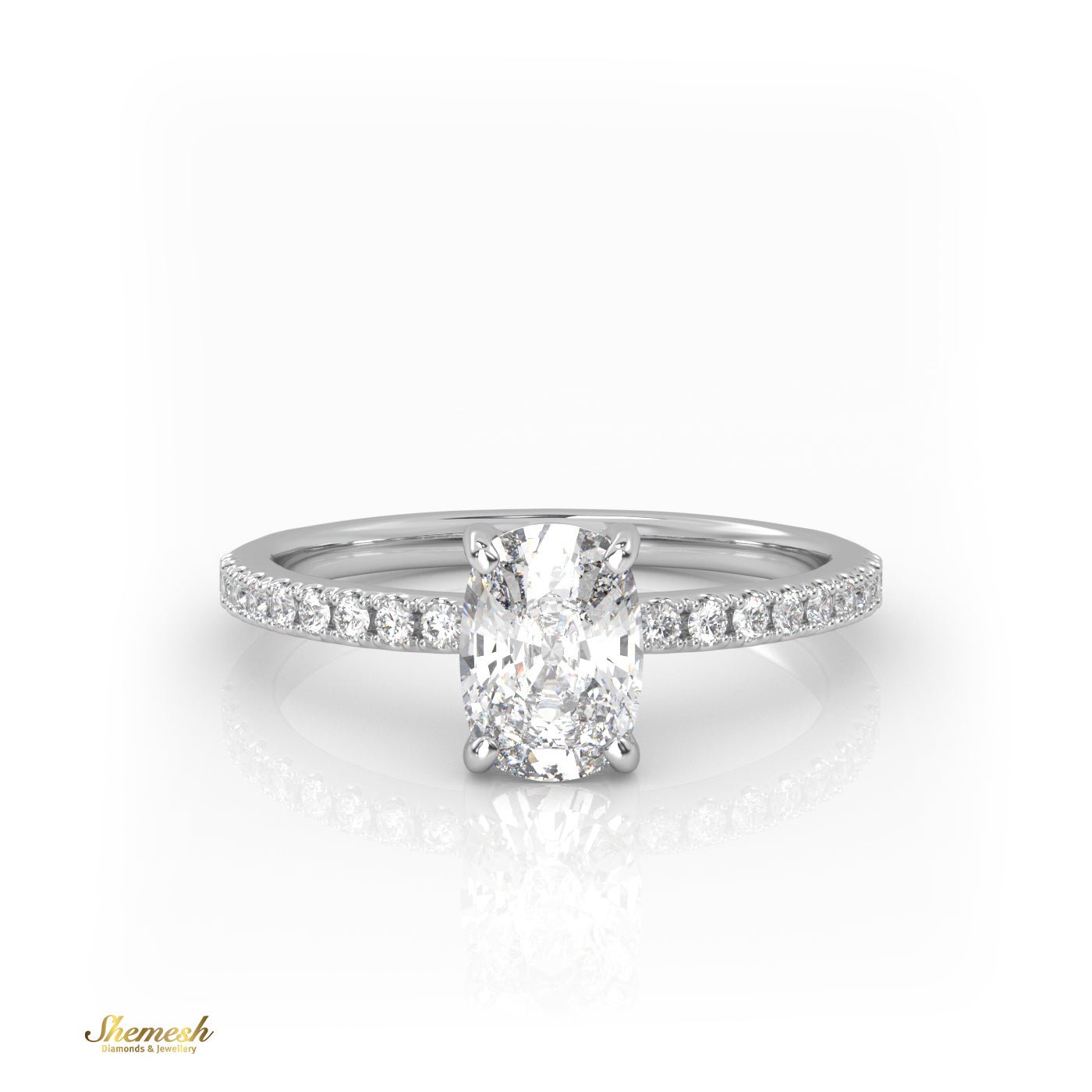 18K Gold 4 Prongs Elongated Cushion Diamond Engagement Ring with Side Stone Pave Set - shemesh_diamonds