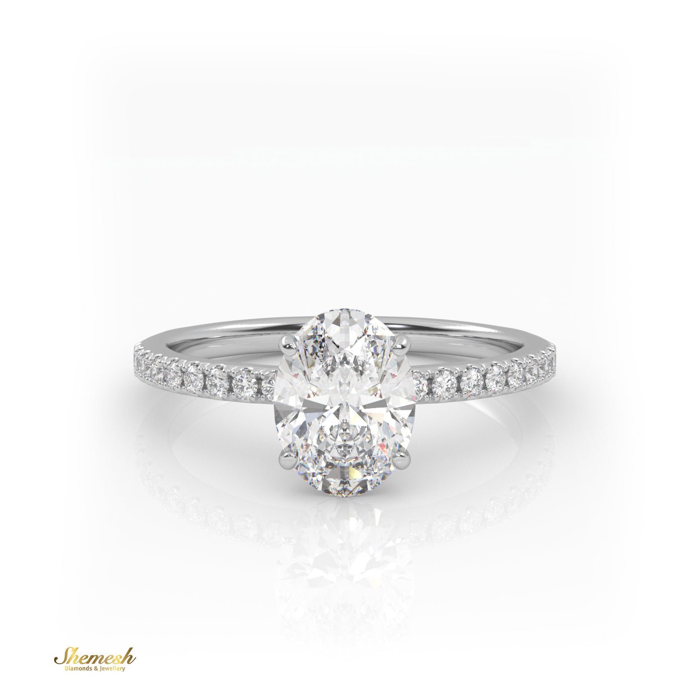 18K Gold Oval Cut 4 Prongs Diamond Engagement Ring With Pave Set Band - shemesh_diamonds