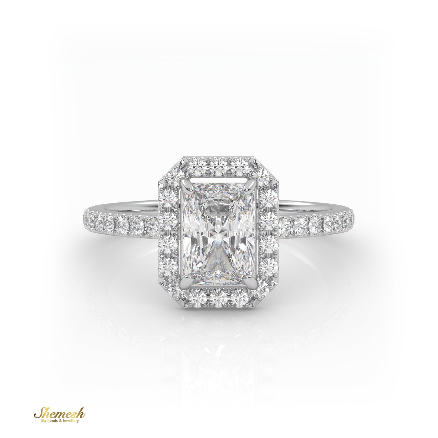 18K Gold Radiant Diamond with Pave Band & Halo Ring - shemesh_diamonds