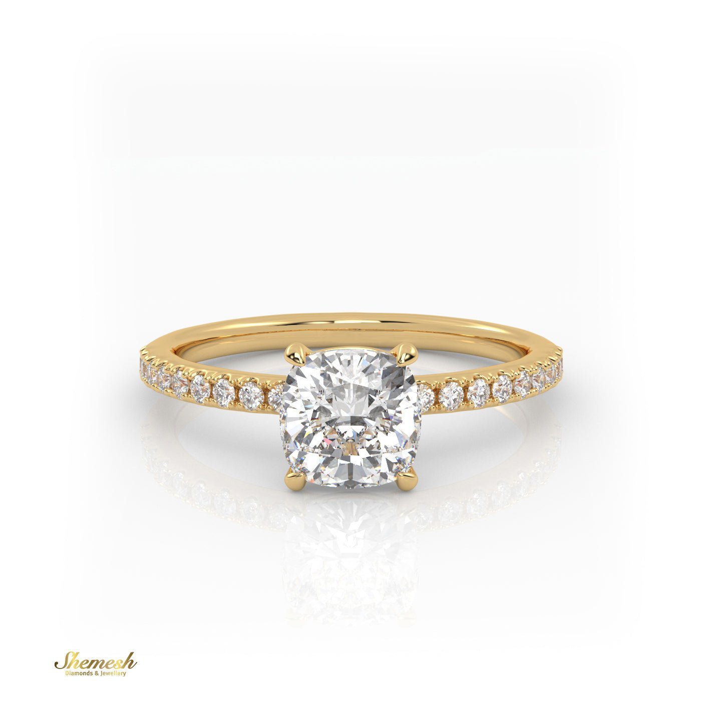 18K Gold 1.10 tw 4 Prongs Cushion Diamond Solitaire Engagement Ring with Side Stone Pave Set Band - shemesh_diamonds