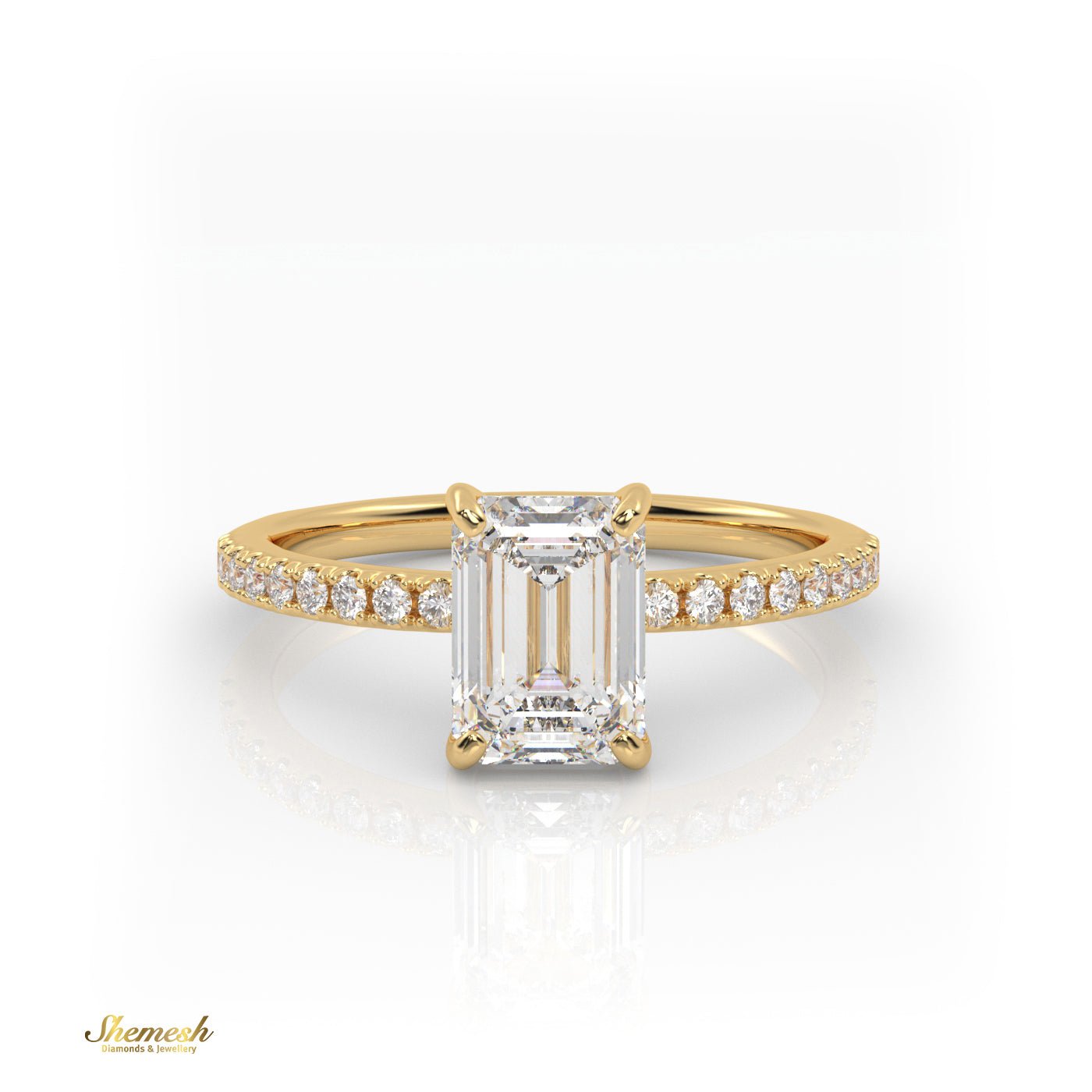 18K Gold 4 Prongs Emerald Cut Diamond Engagement Ring With Whisper Thin Pave Set Band - shemesh_diamonds