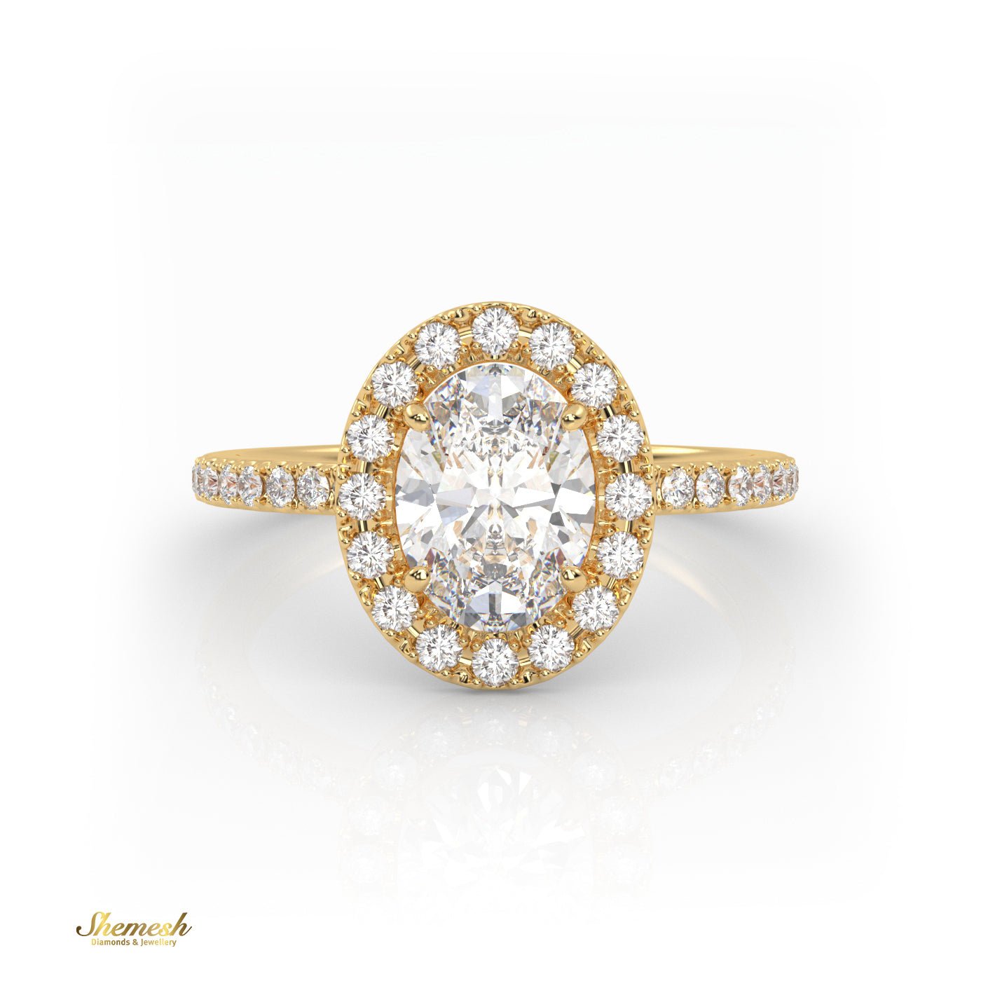 18K Gold 4 Prongs Oval Cut Diamond Halo Engagement Ring With Pave Set Band - shemesh_diamonds