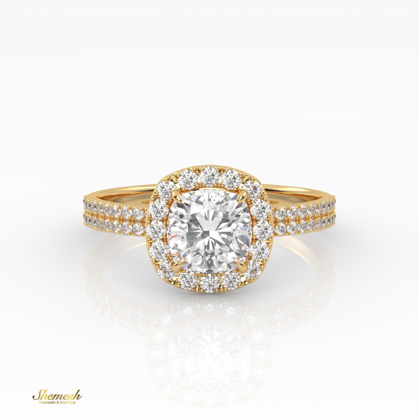 18K Gold 4 Prongs Cushion Cut Diamond Halo Style Engagement Ring with Double Pave Set Band - shemesh_diamonds