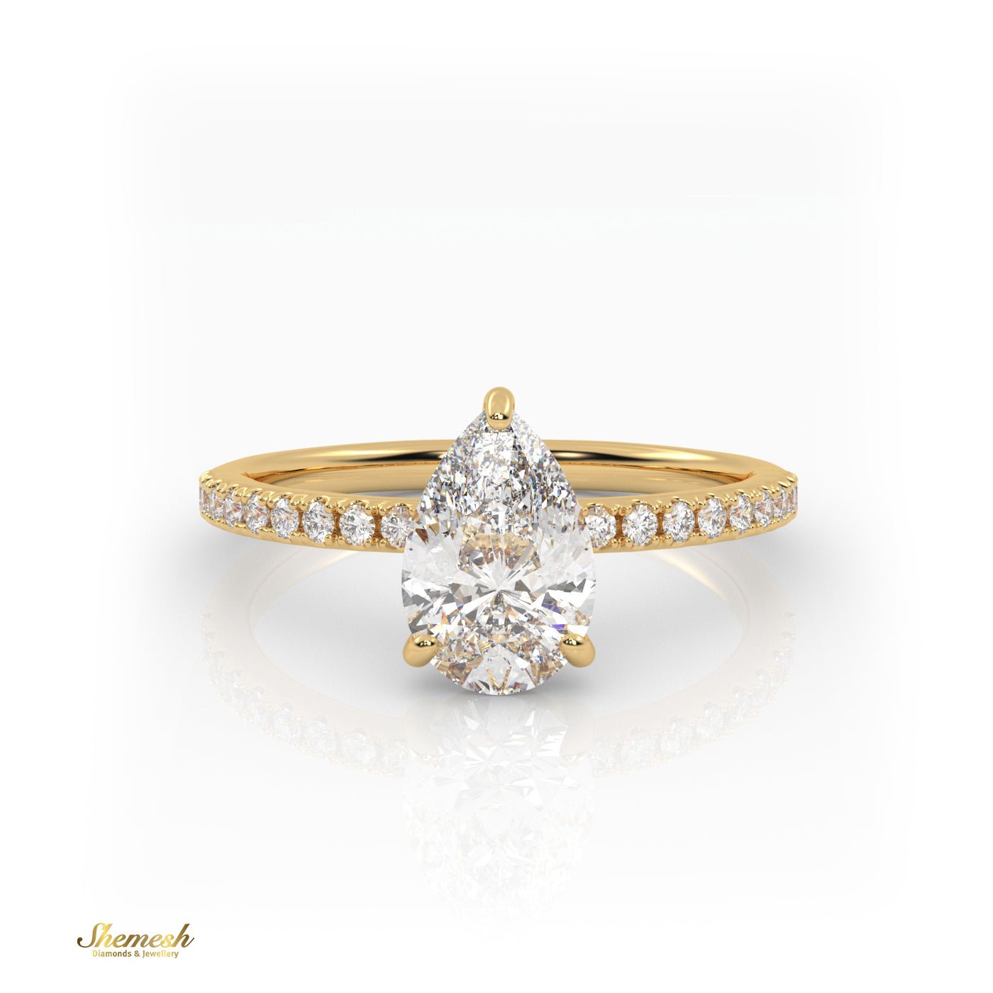 18K Gold 3 Prongs Pear Cut Diamond Engagement Ring With Pave Set Band - shemesh_diamonds