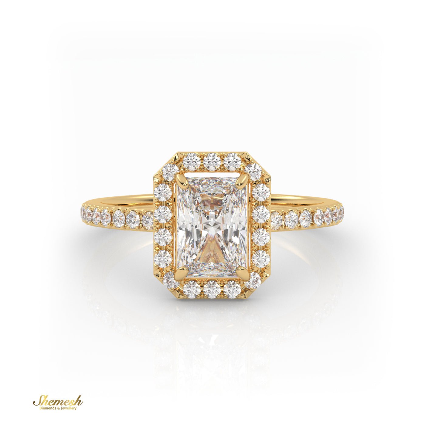 18K Gold Radiant Diamond with Pave Band & Halo Ring - shemesh_diamonds