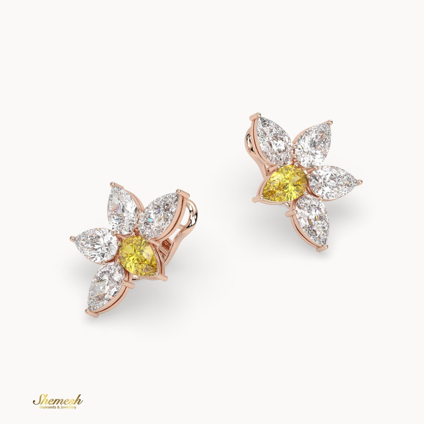 18K Gold Flower Diamond Earrings with Yellow and White Pear Cut Diamonds - shemesh_diamonds