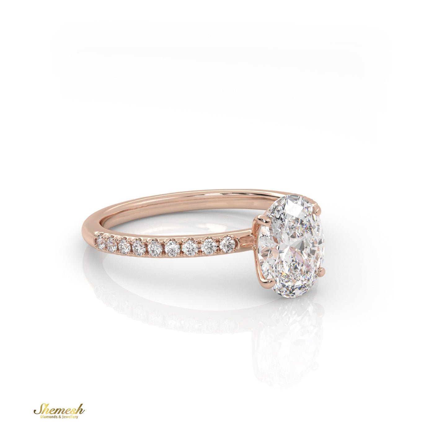 18K Gold Oval Cut 4 Prongs Diamond Engagement Ring With Pave Set Band - shemesh_diamonds