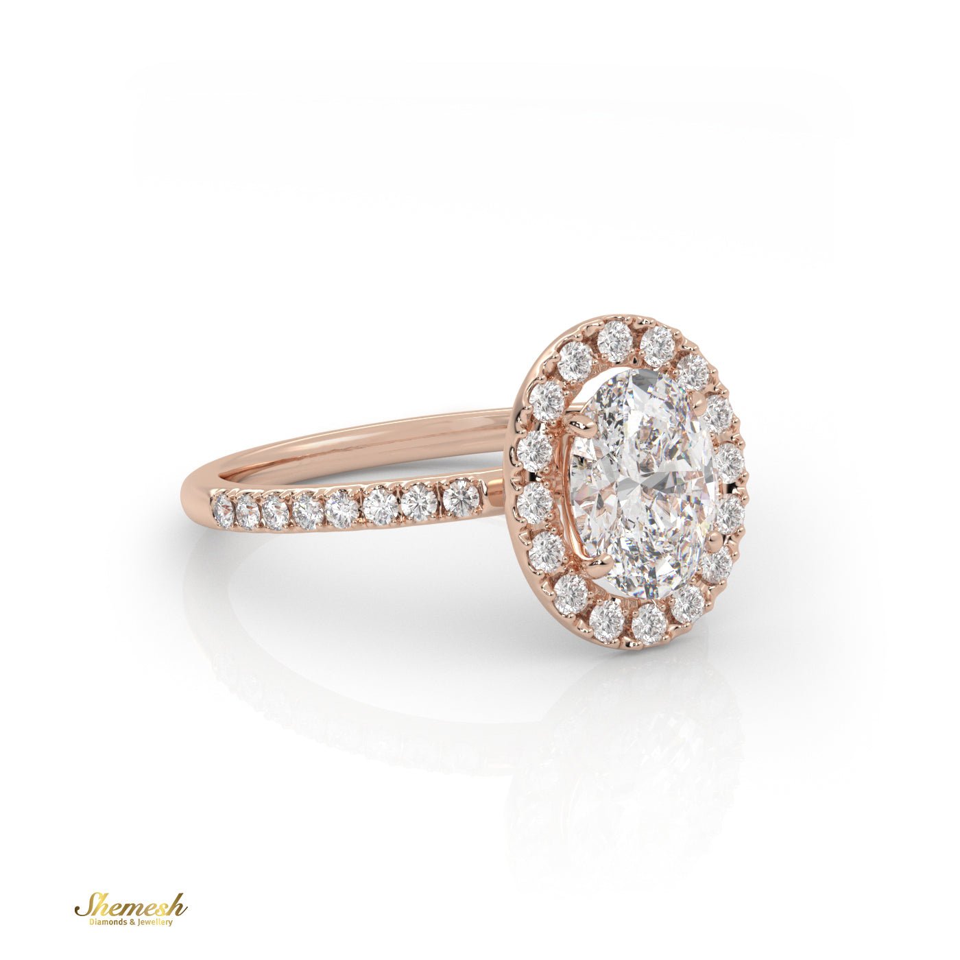 18K Gold 4 Prongs Oval Cut Diamond Halo Engagement Ring With Pave Set Band - shemesh_diamonds