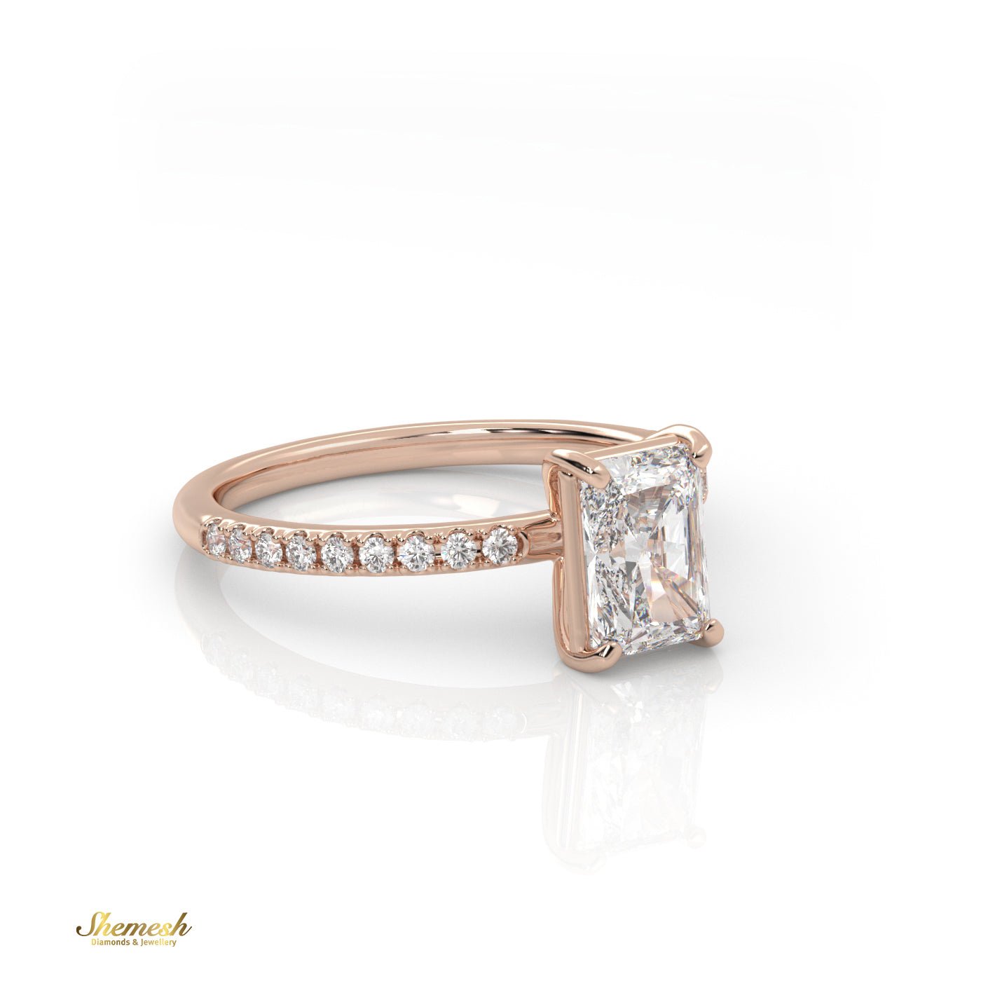 18K Gold Solitaire Radiant Diamond with Pave Band Ring - shemesh_diamonds