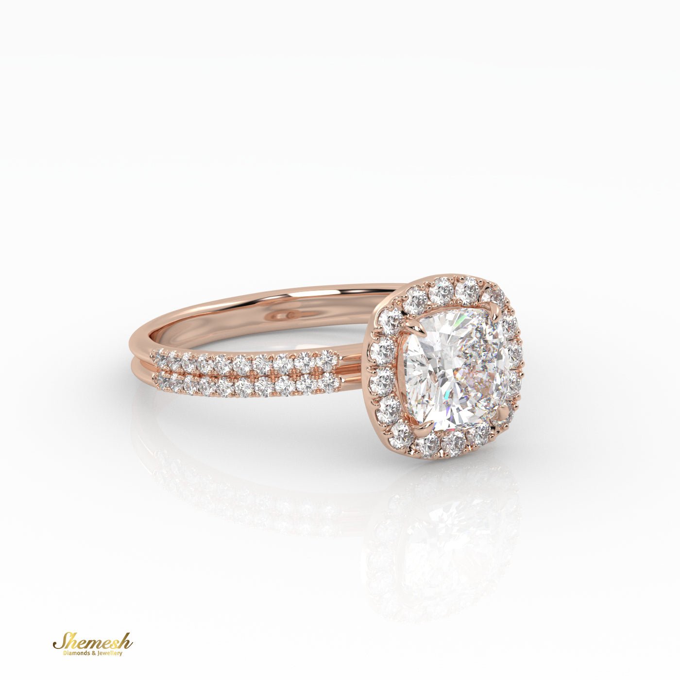 18K Gold 4 Prongs Cushion Cut Diamond Halo Style Engagement Ring with Double Pave Set Band - shemesh_diamonds