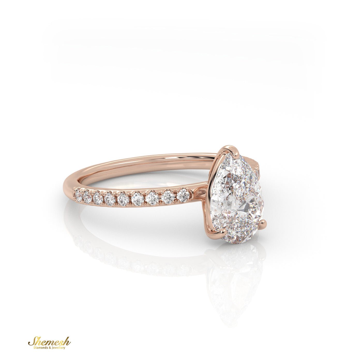 18K Gold 3 Prongs Pear Cut Diamond Engagement Ring With Pave Set Band - shemesh_diamonds