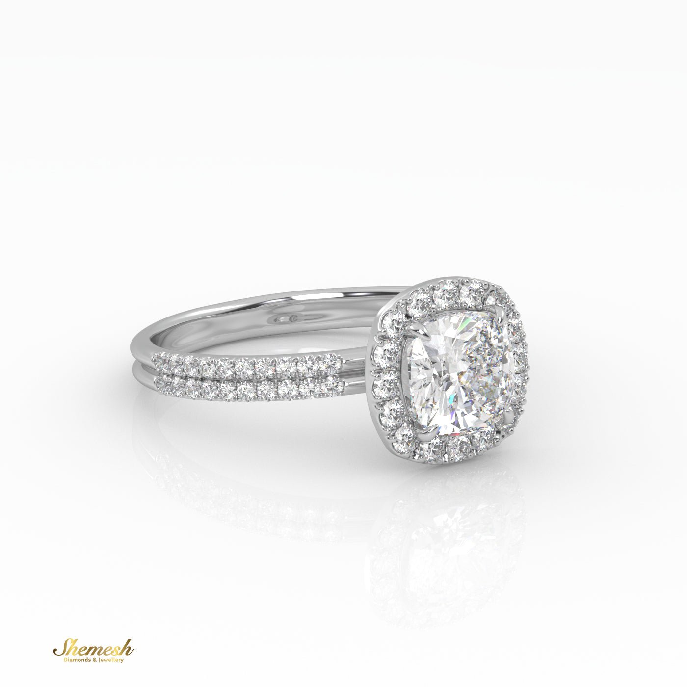 18K Gold 4 Prongs Cushion Cut Diamond Halo Style Engagement Ring with Double Pave Set Band - shemesh_diamonds