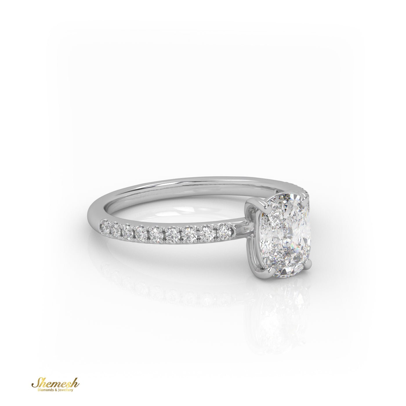 18K Gold 4 Prongs Elongated Cushion Diamond Engagement Ring with Side Stone Pave Set - shemesh_diamonds