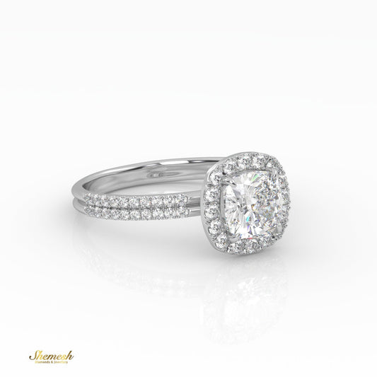 18K Gold 4 Prongs Cushion Cut Diamond Halo Style Engagement Ring with Double Pave Set Band - shemesh_diamonds