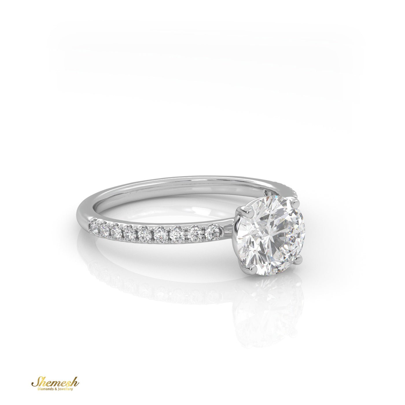 18K Gold 4 Prongs Round Diamond Solitaire Engagement Ring with Pave Set Band - shemesh_diamonds