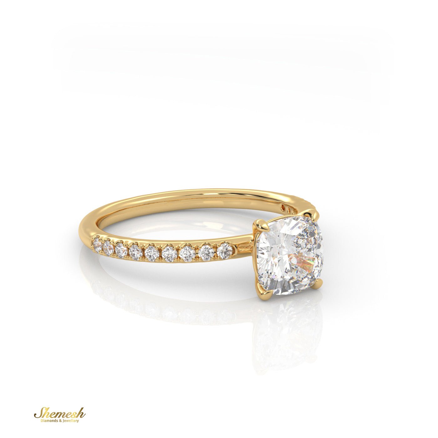 18K Gold 1.10 tw 4 Prongs Cushion Diamond Solitaire Engagement Ring with Side Stone Pave Set Band - shemesh_diamonds