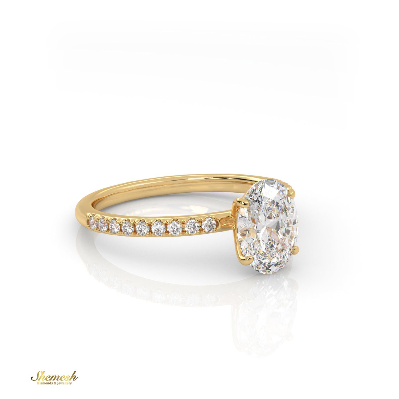 18K Gold Oval Cut 4 Prongs Diamond Engagement Ring With Pave Set Band - shemesh_diamonds