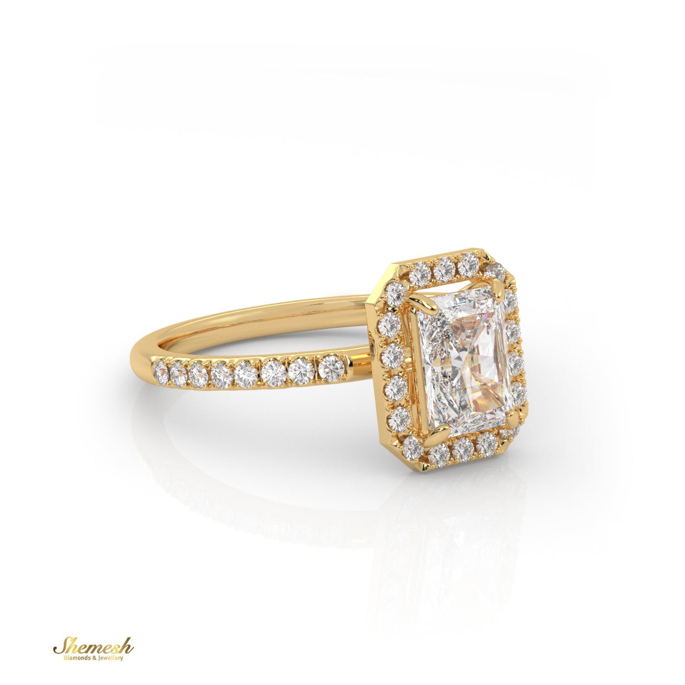 18K Gold Radiant Diamond with Pave Band & Halo Ring - shemesh_diamonds