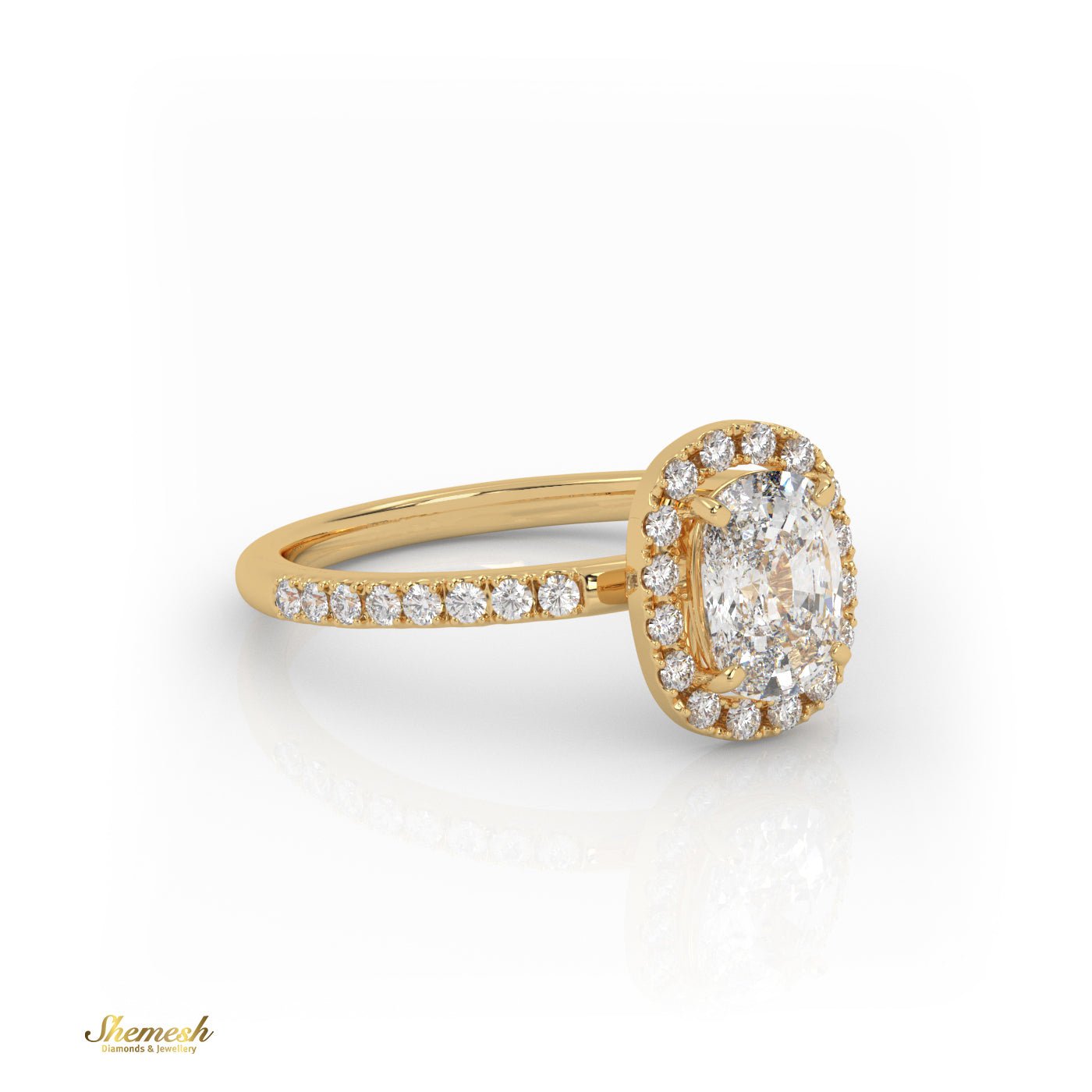 18K Gold 4 Prongs Elongated Cushion Solitaire Engagement Ring with Pave Band and Halo - shemesh_diamonds