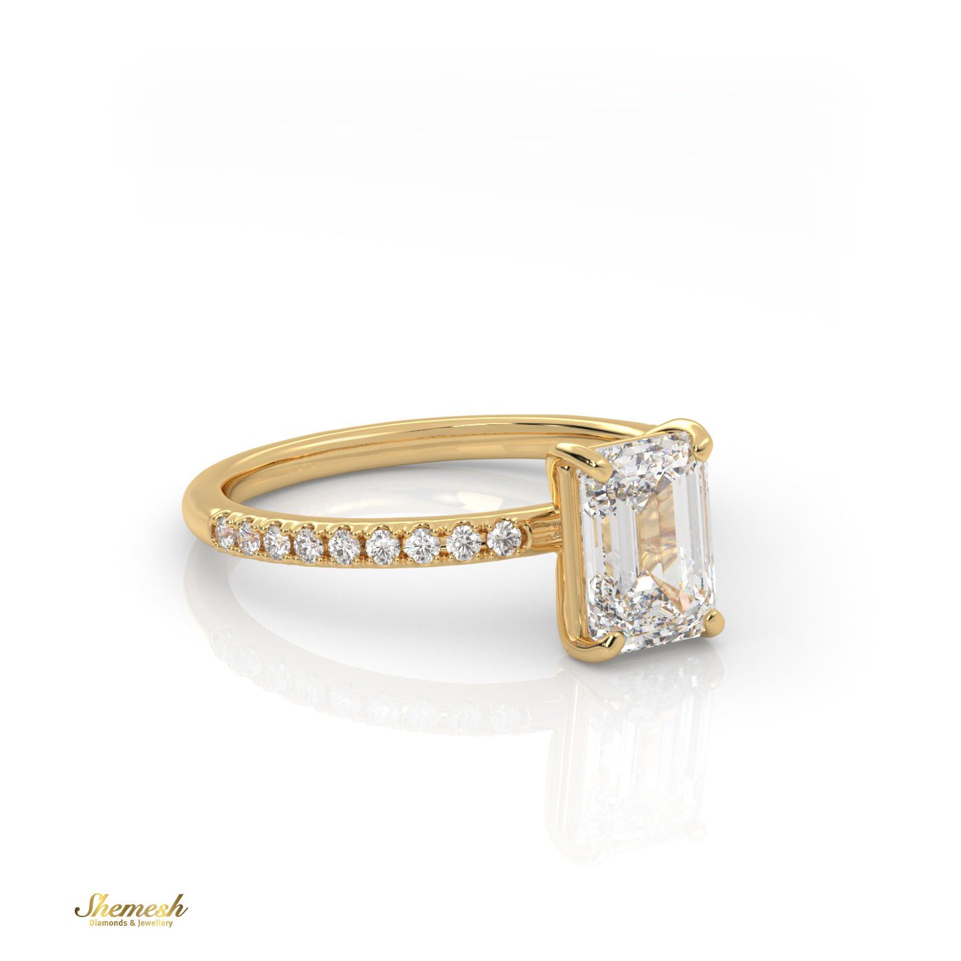 18K Gold 4 Prongs Emerald Cut Diamond Engagement Ring With Whisper Thin Pave Set Band - shemesh_diamonds