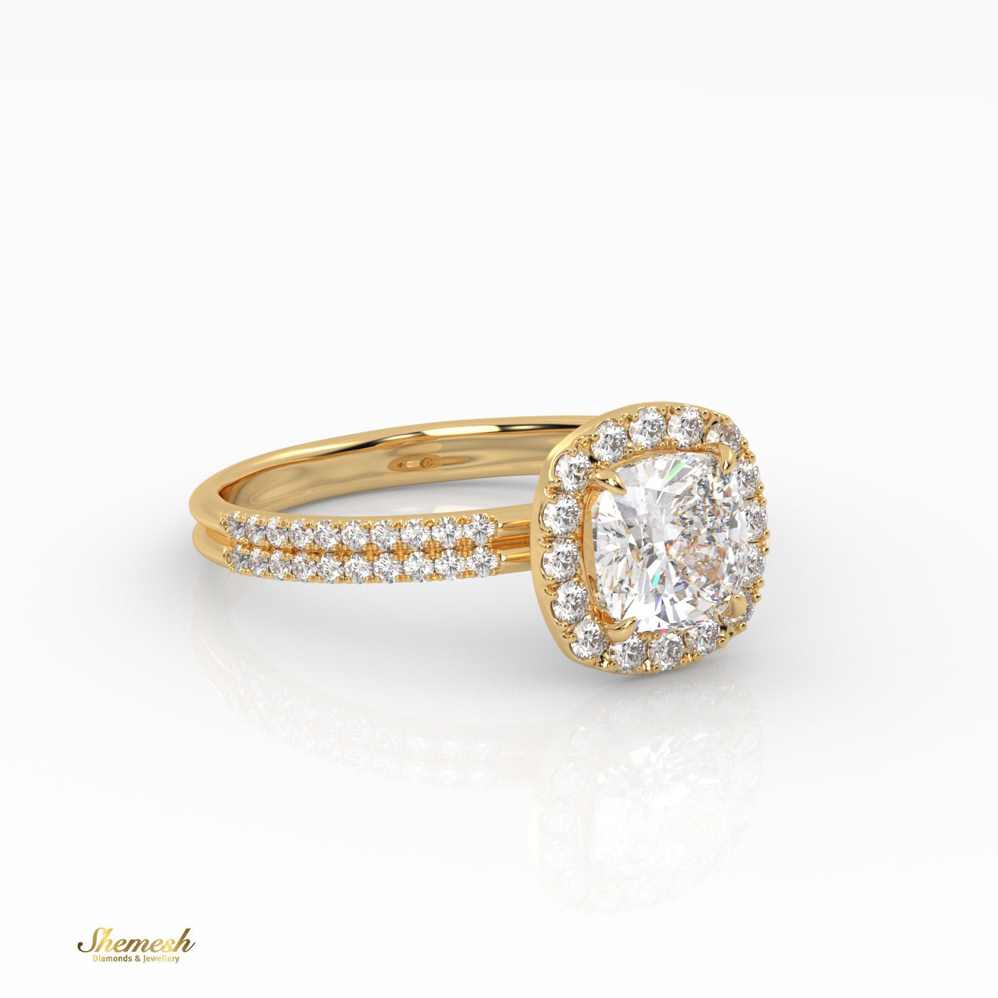 18K Gold 4 Prongs Cushion Cut Diamond Halo Style Engagement Ring with Double Pave Set Band - shemesh_diamonds