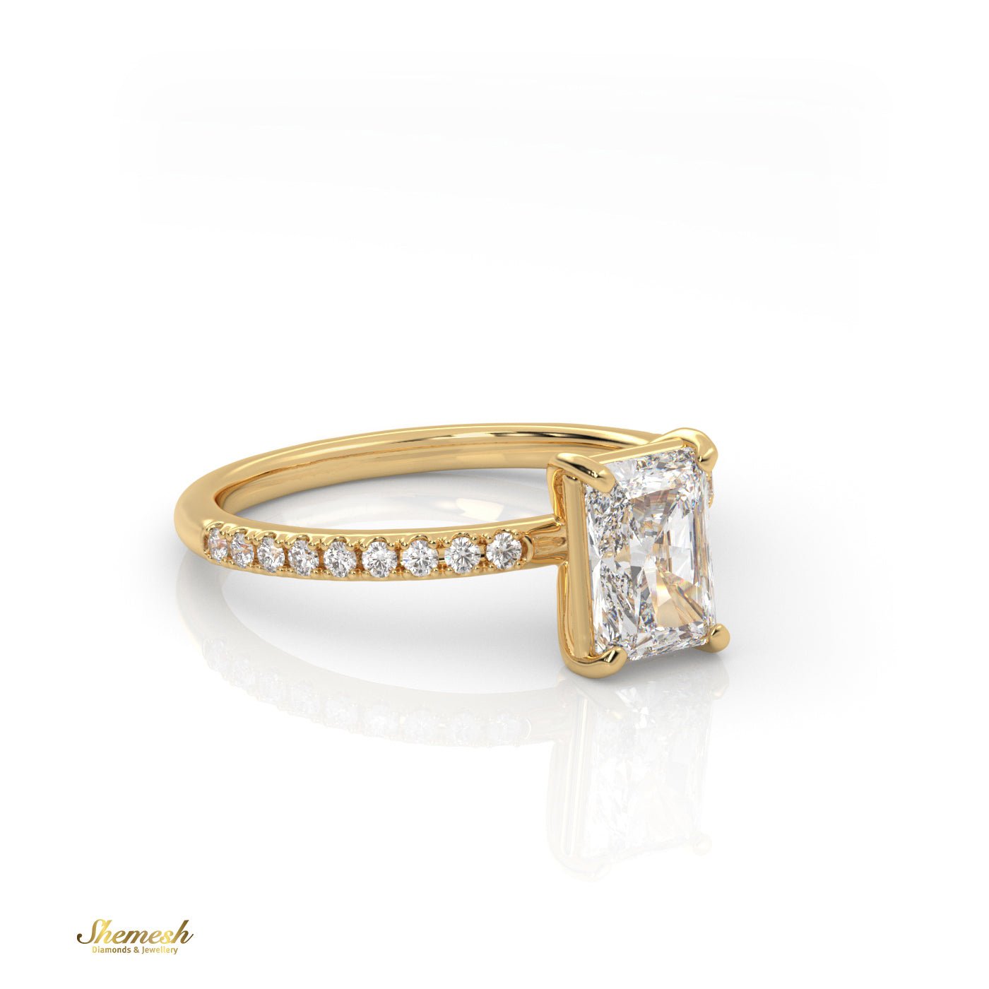 18K Gold Solitaire Radiant Diamond with Pave Band Ring - shemesh_diamonds