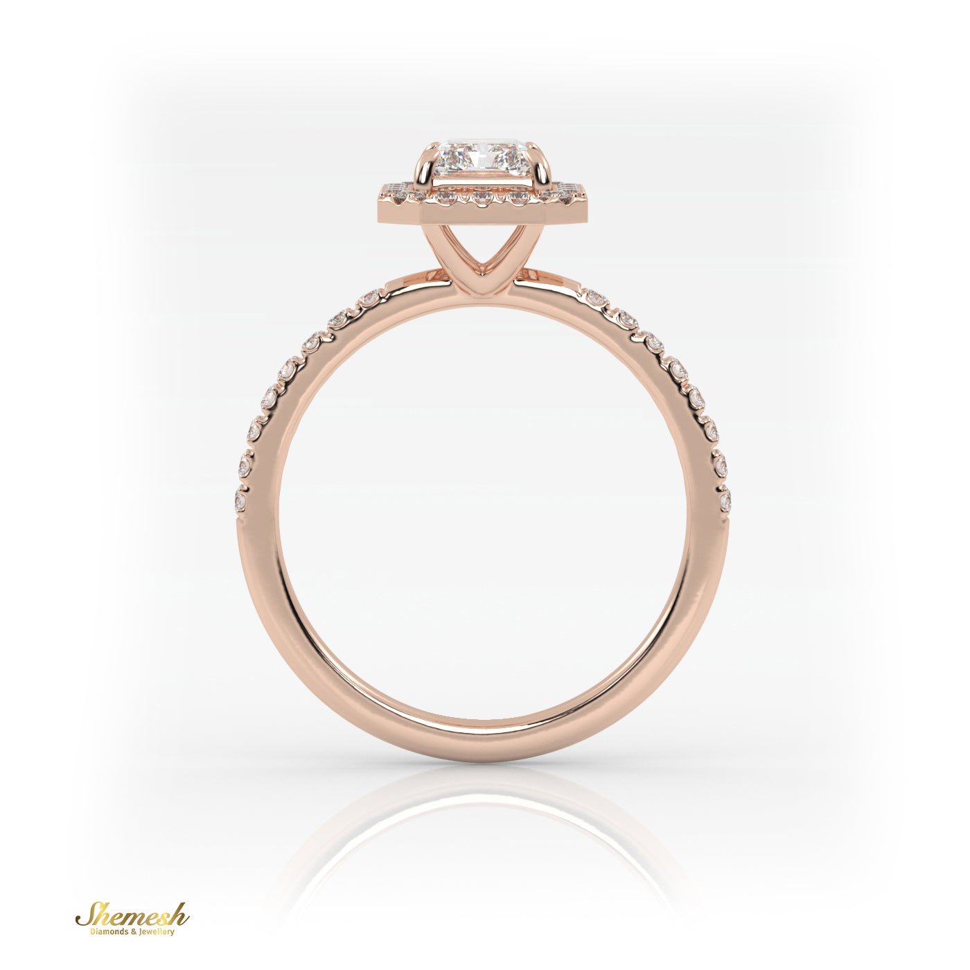 18K Gold Radiant Diamond with Pave Band & Halo Ring - shemesh_diamonds