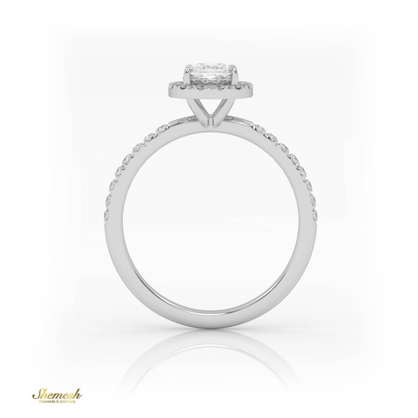 18K Gold 4 Prongs Elongated Cushion Solitaire Engagement Ring with Pave Band and Halo - shemesh_diamonds