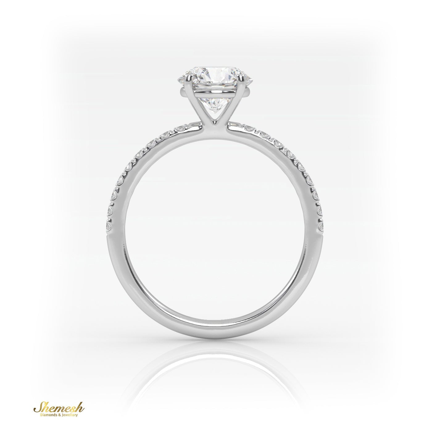 18K Gold 4 Prongs Round Diamond Solitaire Engagement Ring with Pave Set Band - shemesh_diamonds