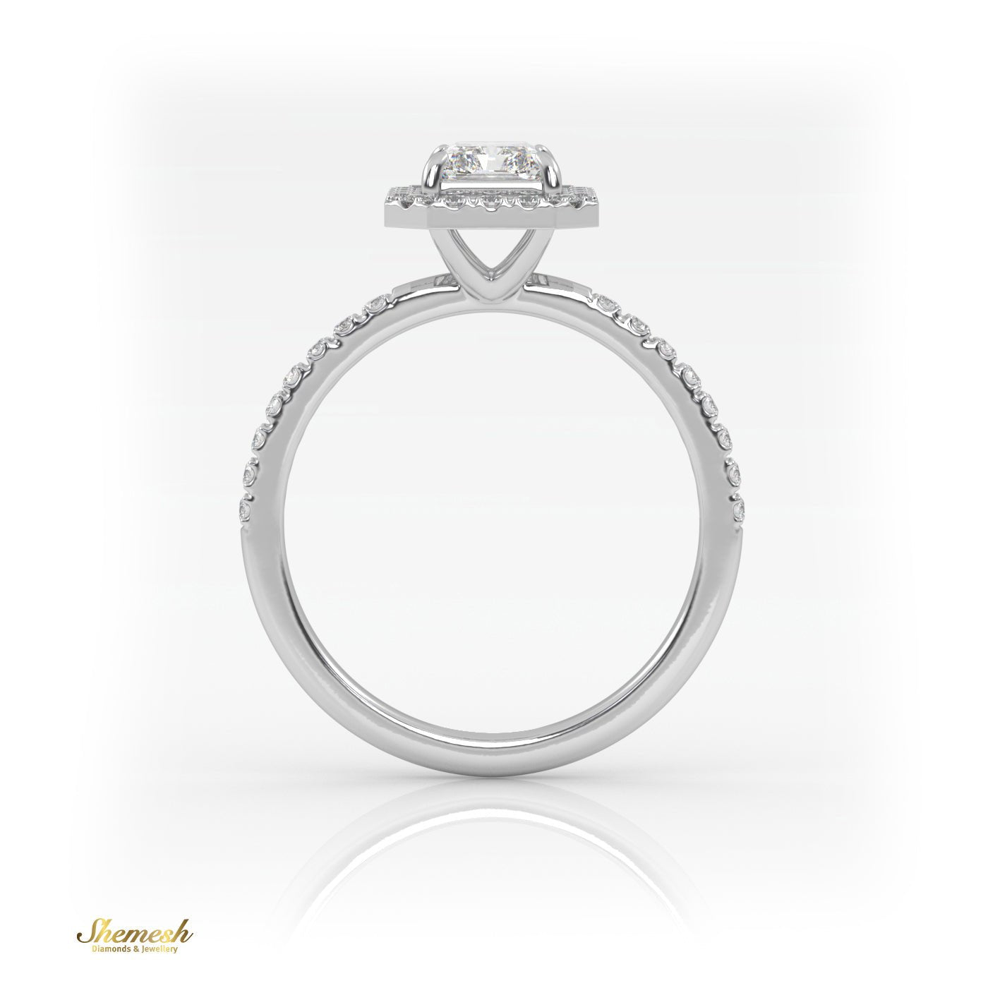 18K Gold Radiant Diamond with Pave Band & Halo Ring - shemesh_diamonds