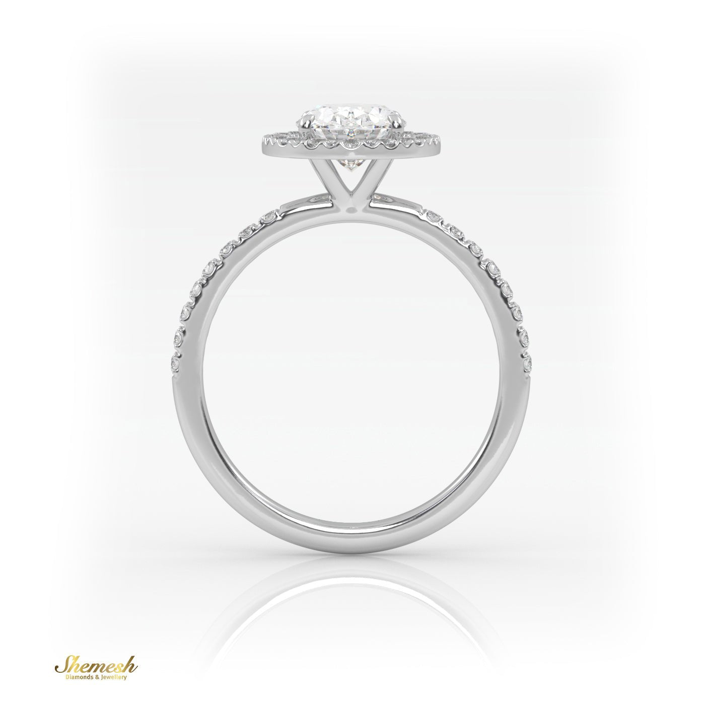 18K Gold 4 Prongs Oval Cut Diamond Halo Engagement Ring With Pave Set Band - shemesh_diamonds