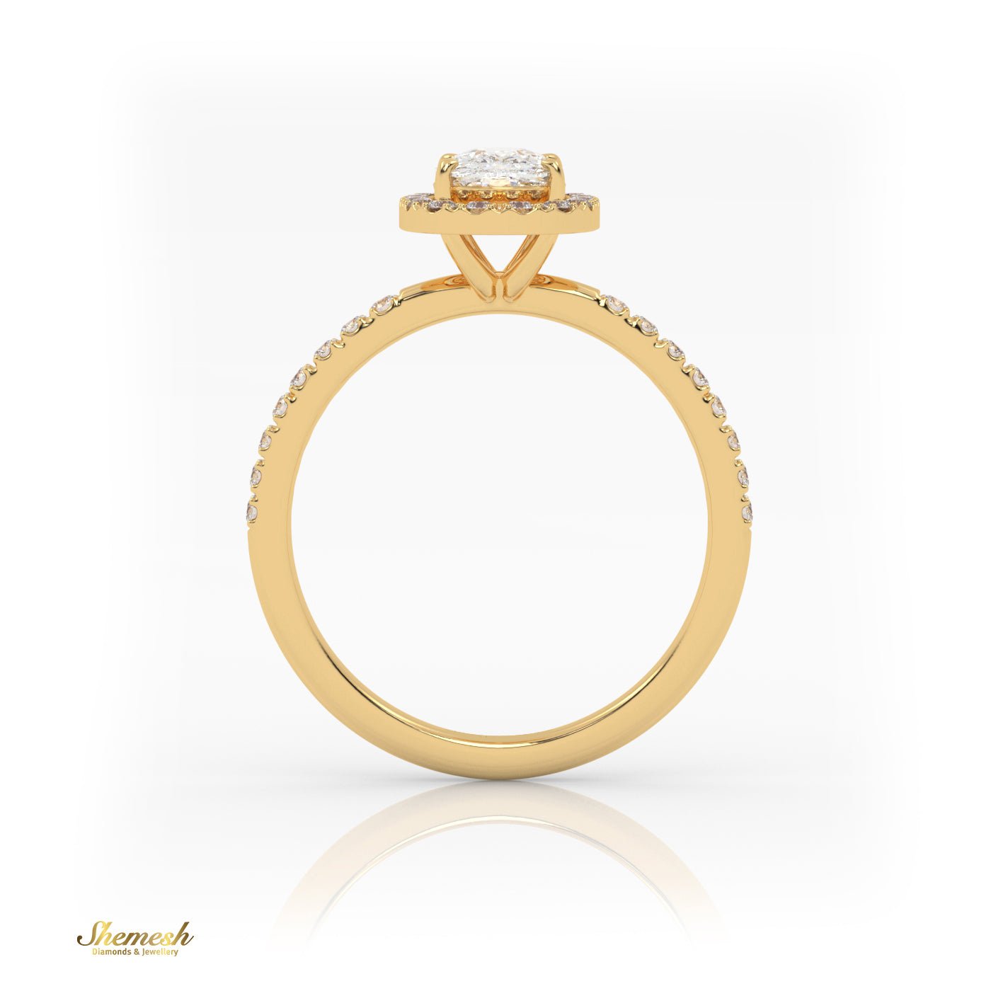 18K Gold 4 Prongs Elongated Cushion Solitaire Engagement Ring with Pave Band and Halo - shemesh_diamonds