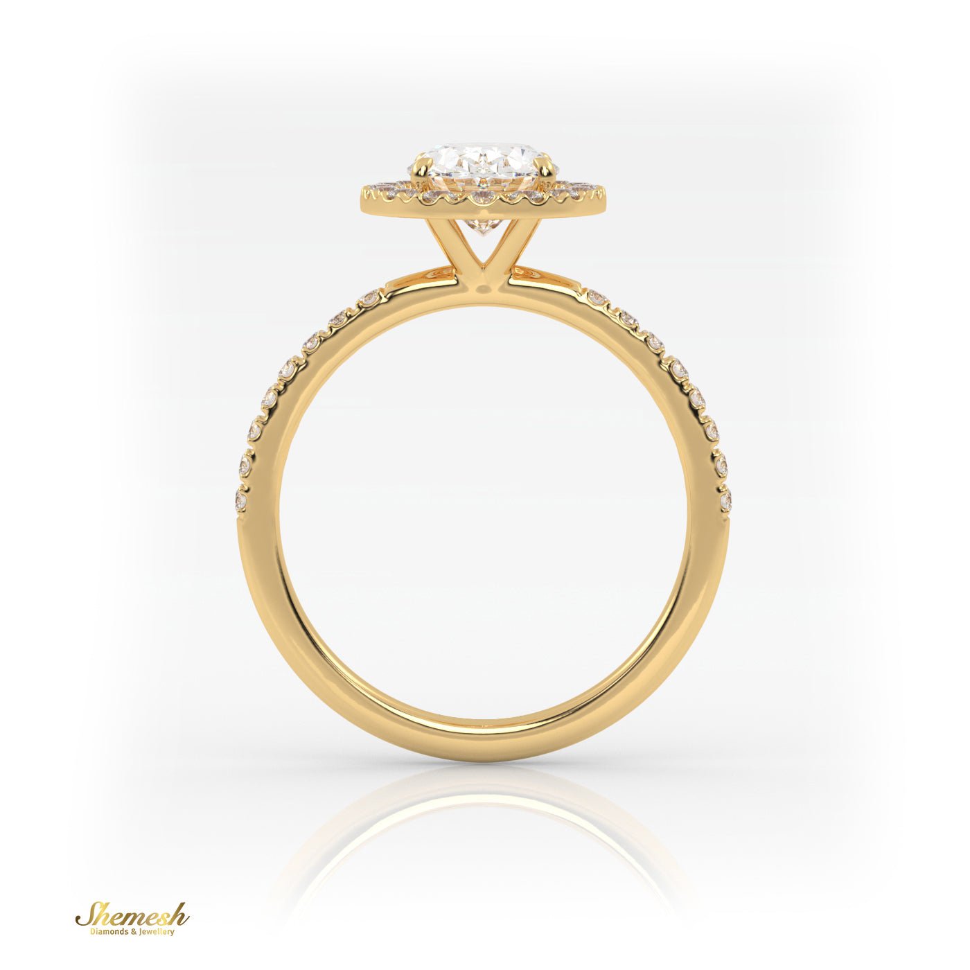 18K Gold 4 Prongs Oval Cut Diamond Halo Engagement Ring With Pave Set Band - shemesh_diamonds