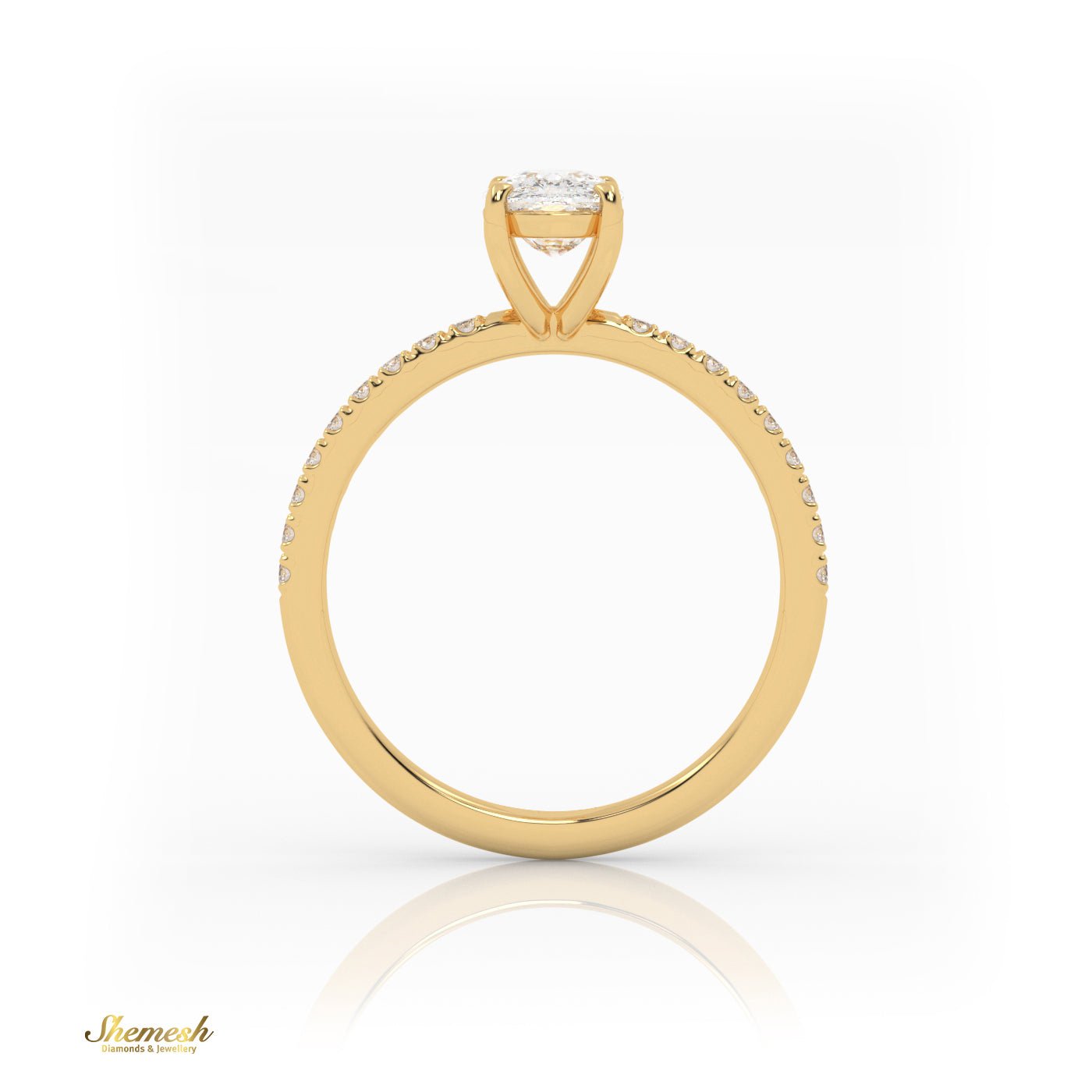 18K Gold 4 Prongs Elongated Cushion Diamond Engagement Ring with Side Stone Pave Set - shemesh_diamonds