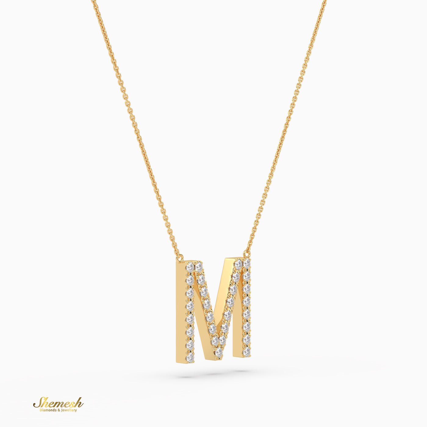 18K Gold Round Cut Diamonds "M" Initial Pendant - shemesh_diamonds