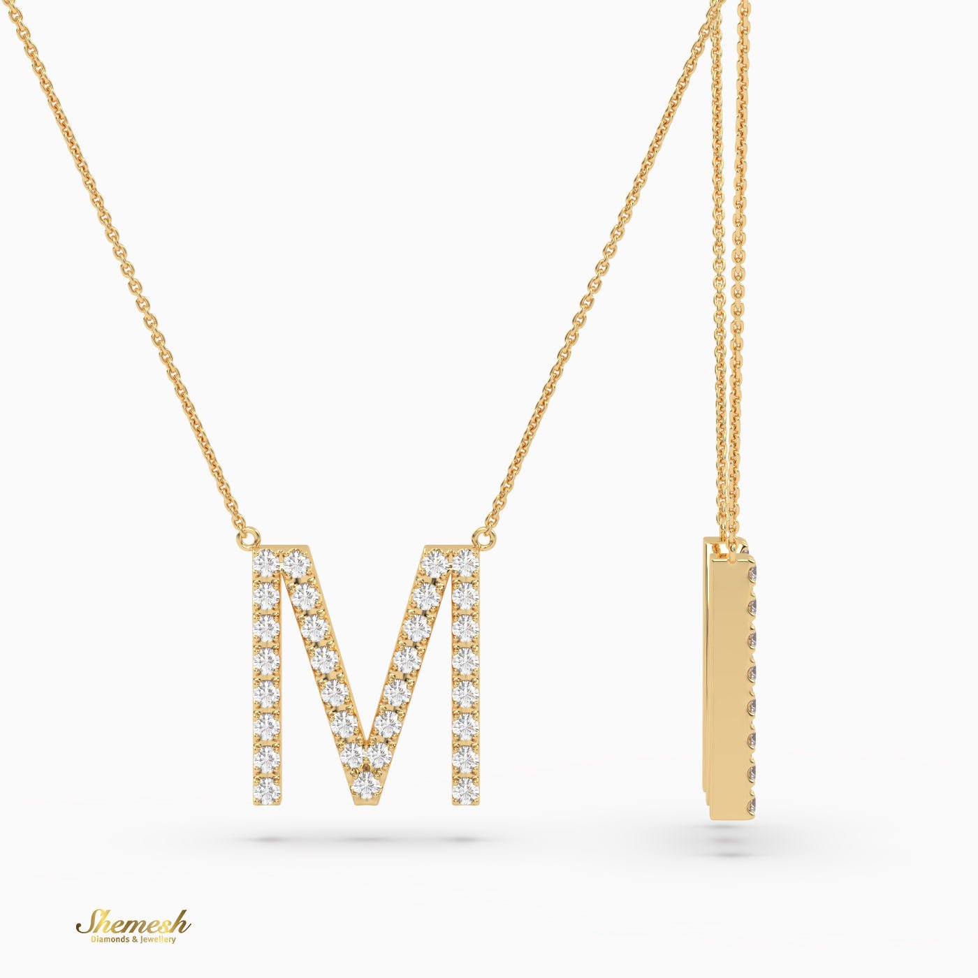 18K Gold Round Cut Diamonds "M" Initial Pendant - shemesh_diamonds