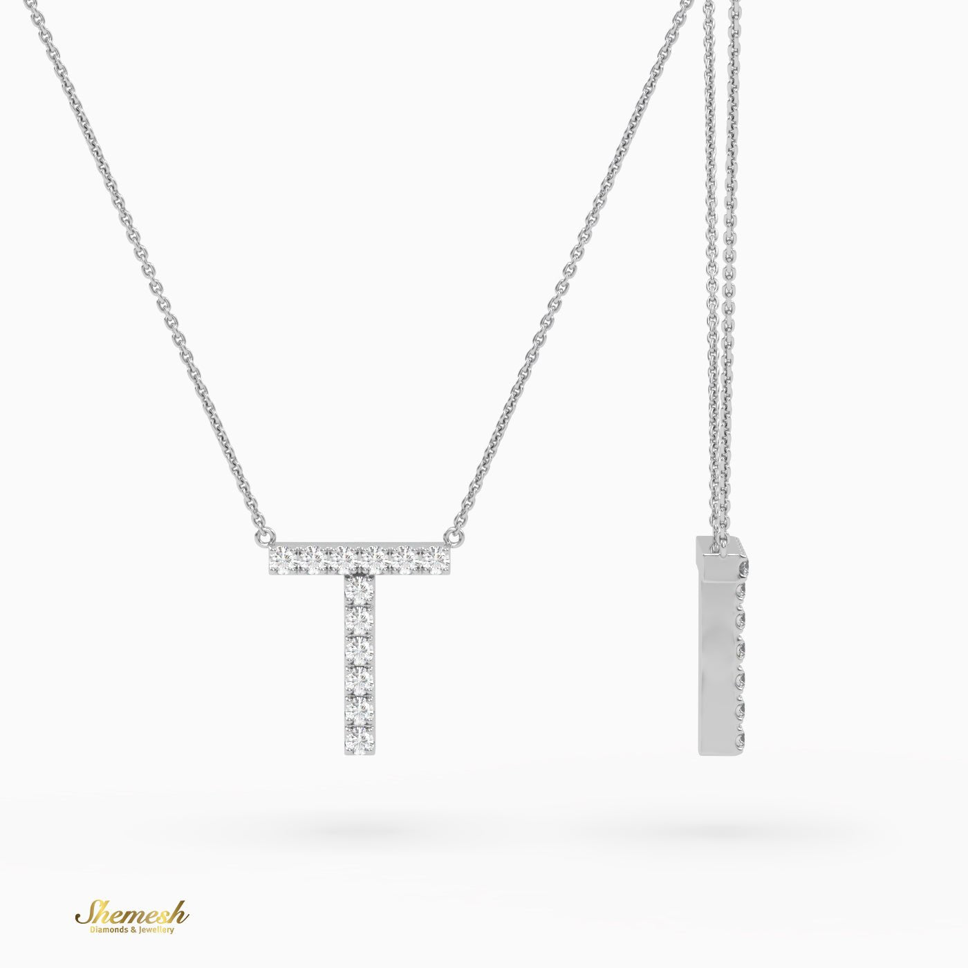 18K Gold Round Cut Diamonds "T" Initial Pendant - shemesh_diamonds