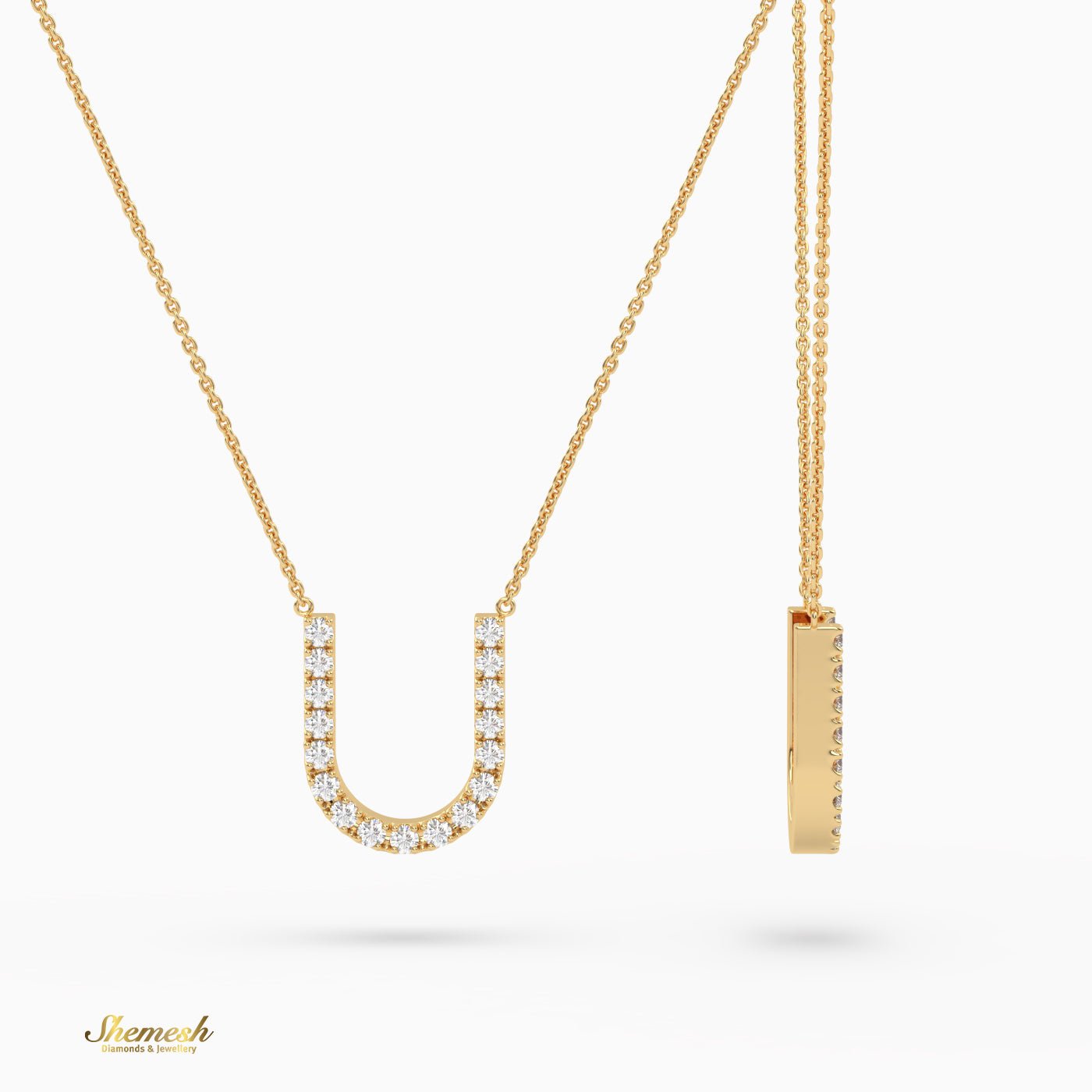 18K Gold Round Cut Diamonds "U" Initial Pendant - shemesh_diamonds