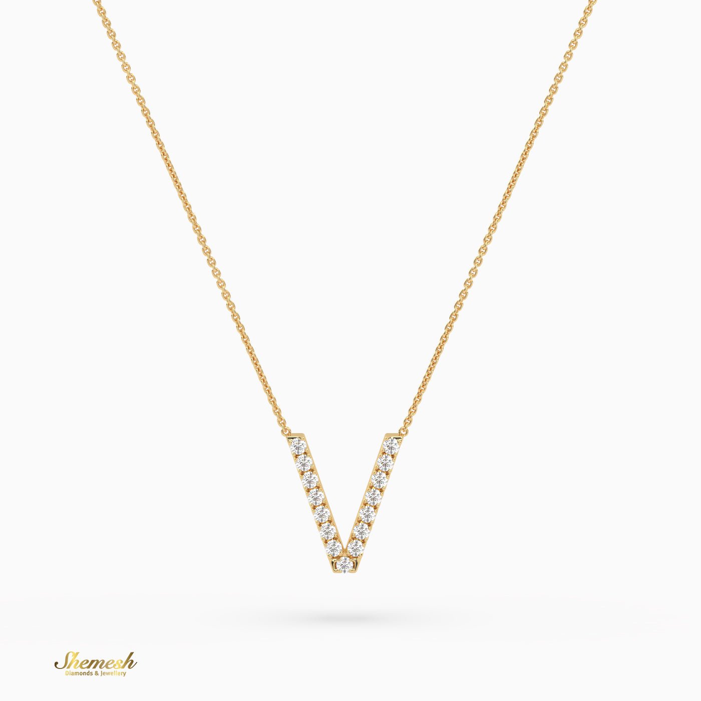 18K Gold Round Cut Diamonds "V" Initial Pendant - shemesh_diamonds