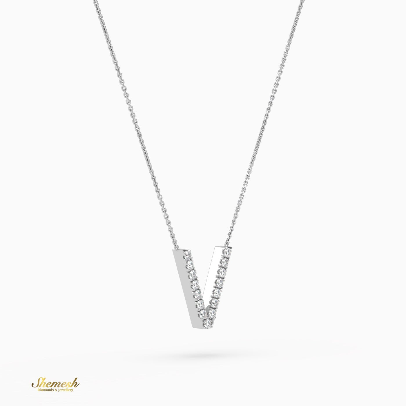 18K Gold Round Cut Diamonds "V" Initial Pendant - shemesh_diamonds