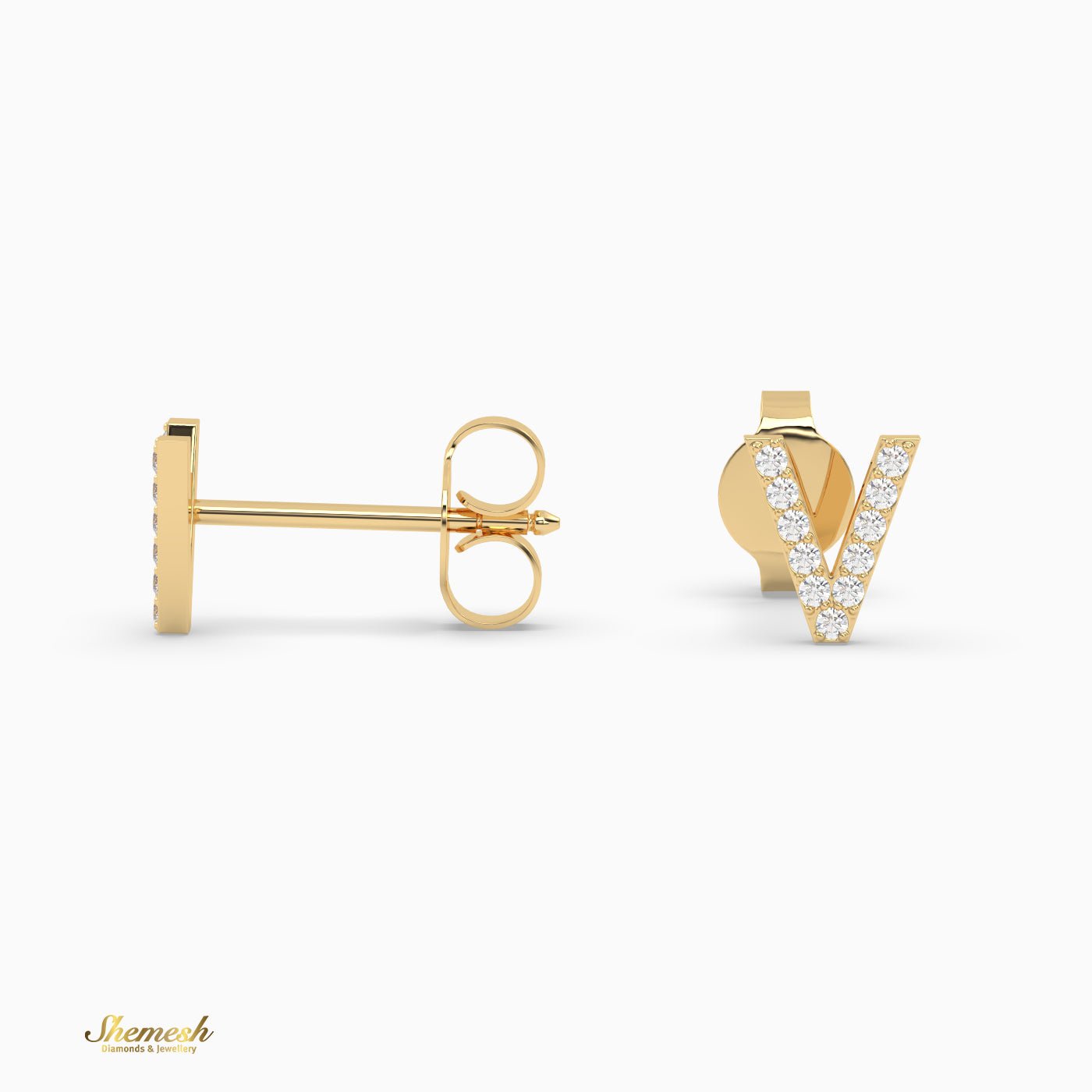 18K Gold "V" Initial Stud Earrings - shemesh_diamonds